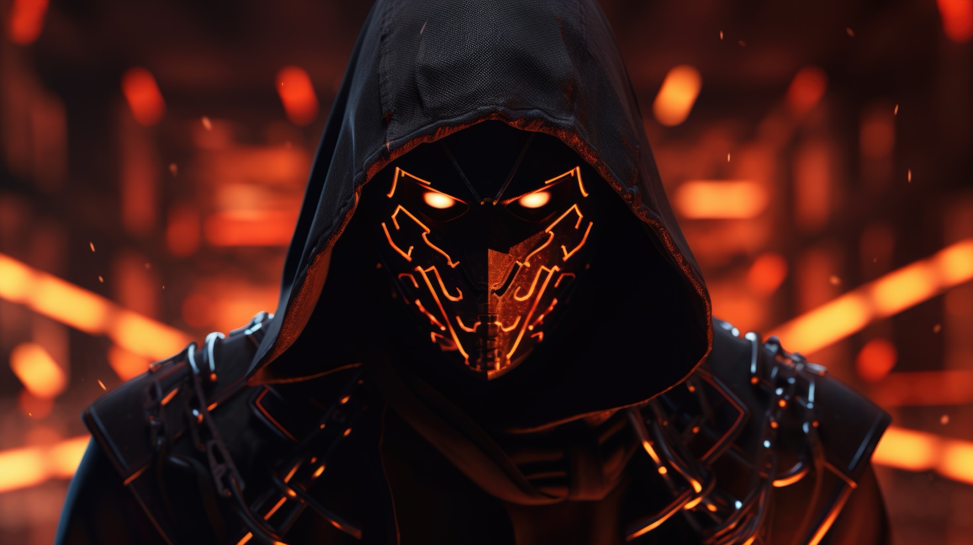 A hooded revenant with a glowing ember cyber-mask